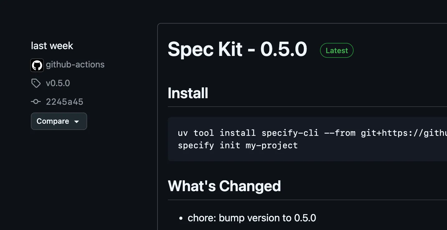 spec-kit GitHub Release 页面，最新版本并非 1.0.0